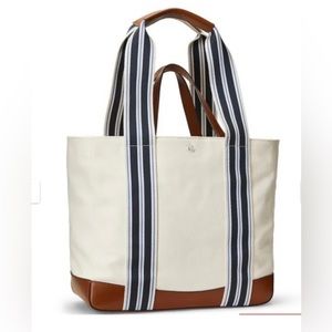 RALPH LAUREN Striped Canvas Large Lora Tote White/Blue/Brown